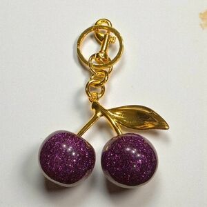 Large Purple Glitter Cherry Charm with shiny Gold accents